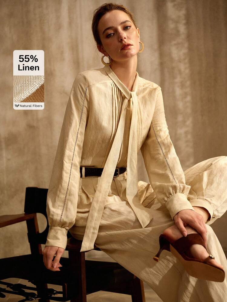 LINEN RIBBON COLLAR LONG SLEEVE SHIRT, VINTAGE STYLE, ELEGANT FOR COMMUTING, SPRING/SUMMER