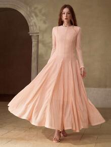 MOTF PREMIUM ĐẦM CHỮ A DÀNH CHO NỮ, KIỂU DÁNG LÃNG MẠN, THANH LỊCH VỚI HỌA TIẾT REN GHÉP. - Màu Hồng  San hô - Xem 5