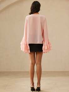 Aveloria Rosie French Fashion Vacation Minimalist Generous Old Money Versatile Loose V-Neck Gold Button Ruffle Hem Long Sleeve Top - Pink - View 6
