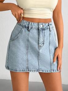 SHEIN Saia jeans de cintura alta, 100% algodão, com lavagem especial. - Lavagem Média - Ver 4