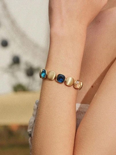 Glisma 18K Gold-Plated Geometric Brushed Blue Gemstone Vintage Bracelet,Old Money,Outfits,Classy,Gemstone,Metallic/Texture,Vintage,Elegant,Spring/Summer