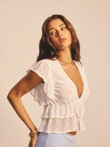 Aralina Blusa da donna con scollo a V, maniche corte arricciate, con laccio frontale, in pizzo trasparente, con volant a balze, top floreale carino adatto per uscite, vacanze, festival - Beige - Visualizzare 3