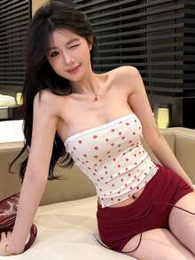 DAZY Áo quây bandeau nữ dáng ôm crop top, in hình trái tim trắng, phong cách thời trang xuân hè, gợi cảm cho lễ hội âm nhạc, Valentine, đi biển và du lịch thường ngày - Màu be - Xem 8