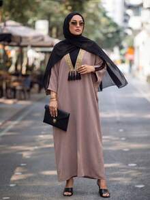 Calvaya Women's Oversized Gold Lace Trim & Patchwork Dress - Coffee - View 4