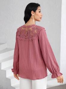 Lacomfia Women's Hollow Collar Front Back Textured Elegant Blouse, Dusty Pink Long Sleeve Modest Casual Tops For Autumn, Tea Party Holiday Vacation - Red - View 5