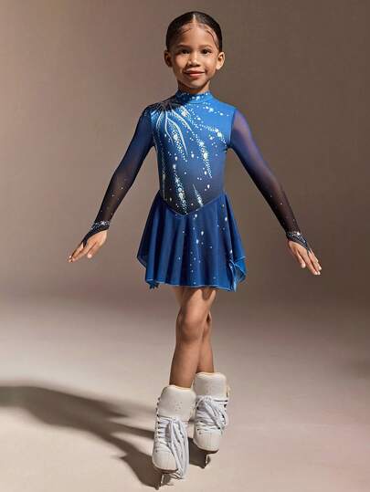 Young Girls' Royal Blue Long Sleeve Figure Skating Dress With Firework Crystal Print, Featuring A High-Stretch Contoured Silhouette And Smooth Sheer Mesh Skirt, Designed For Glide And Sparkle On Ice, Perfect For Skating Practice, Competitions, And Performance Routines