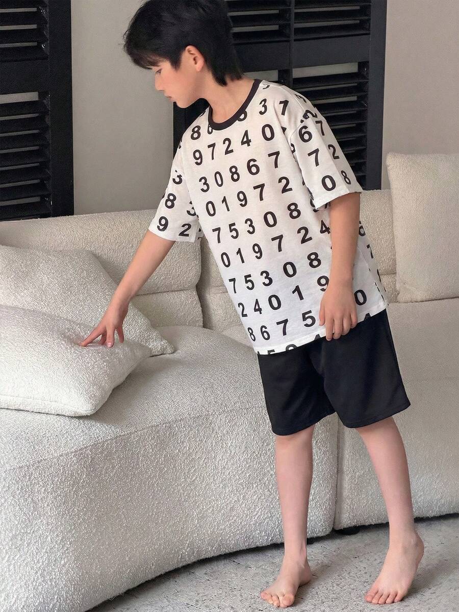 SHEIN Little Byeori 两件套男童休闲数字印花圆领短袖短裤宽松睡衣套装