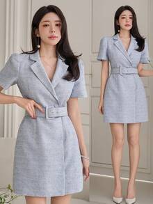 Wynsel Đầm ngắn nữ thanh lịch cổ áo blazer, túi giả, tay phồng, thắt eo, thích hợp cho dự tiệc cưới mùa hè. - Màu xanh lam - Xem 1