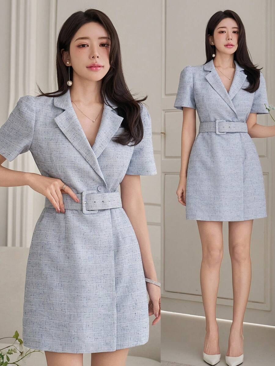 Wynsel Đầm ngắn nữ thanh lịch cổ áo blazer, túi giả, tay phồng, thắt eo, thích hợp cho dự tiệc cưới mùa hè. - Màu xanh lam - Xem 1