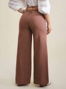 SHEIN Tall Women's Elastic Waist Wide Leg Loose Casual Denim Pants - Coffee Brown - View 2