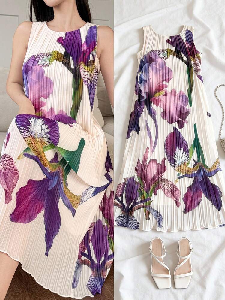 Women's Elegant Floral Pleated Sleeveless Straight Midi Dress, Summer Wedding Guest Dress Sundress