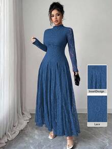 Modelyn Gaun Wanita Model French Style dengan Kerah Tinggi dan Renda serta Pinggang yang Diikat - Navy Blue - View 1