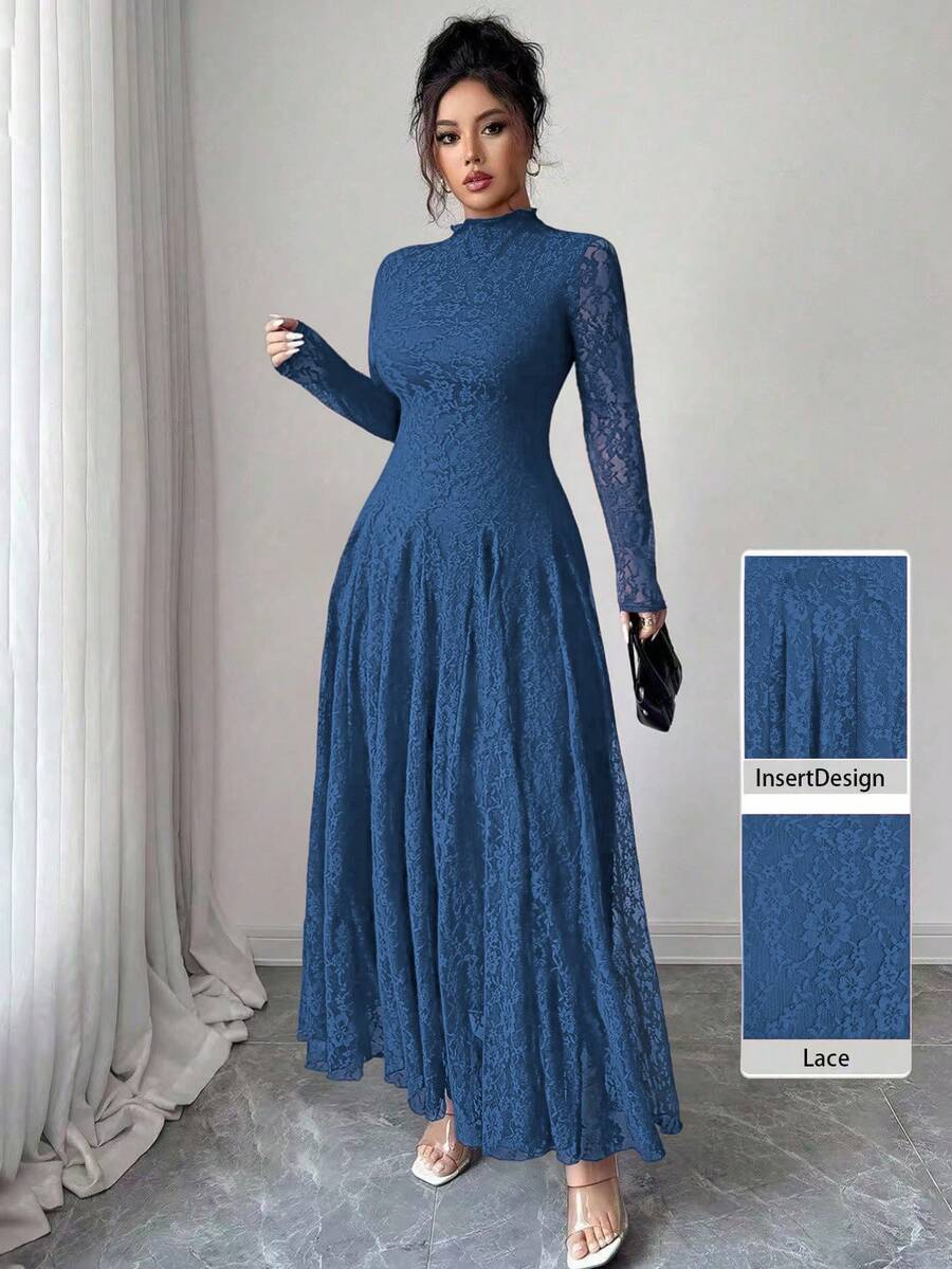 Modelyn Gaun Wanita Model French Style dengan Kerah Tinggi dan Renda serta Pinggang yang Diikat - Navy Blue - View 1