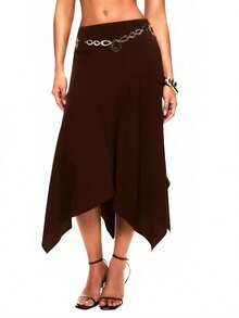TypaGal 女士纯色不对称下摆休闲半身裙 - 棕色 - 查看 1