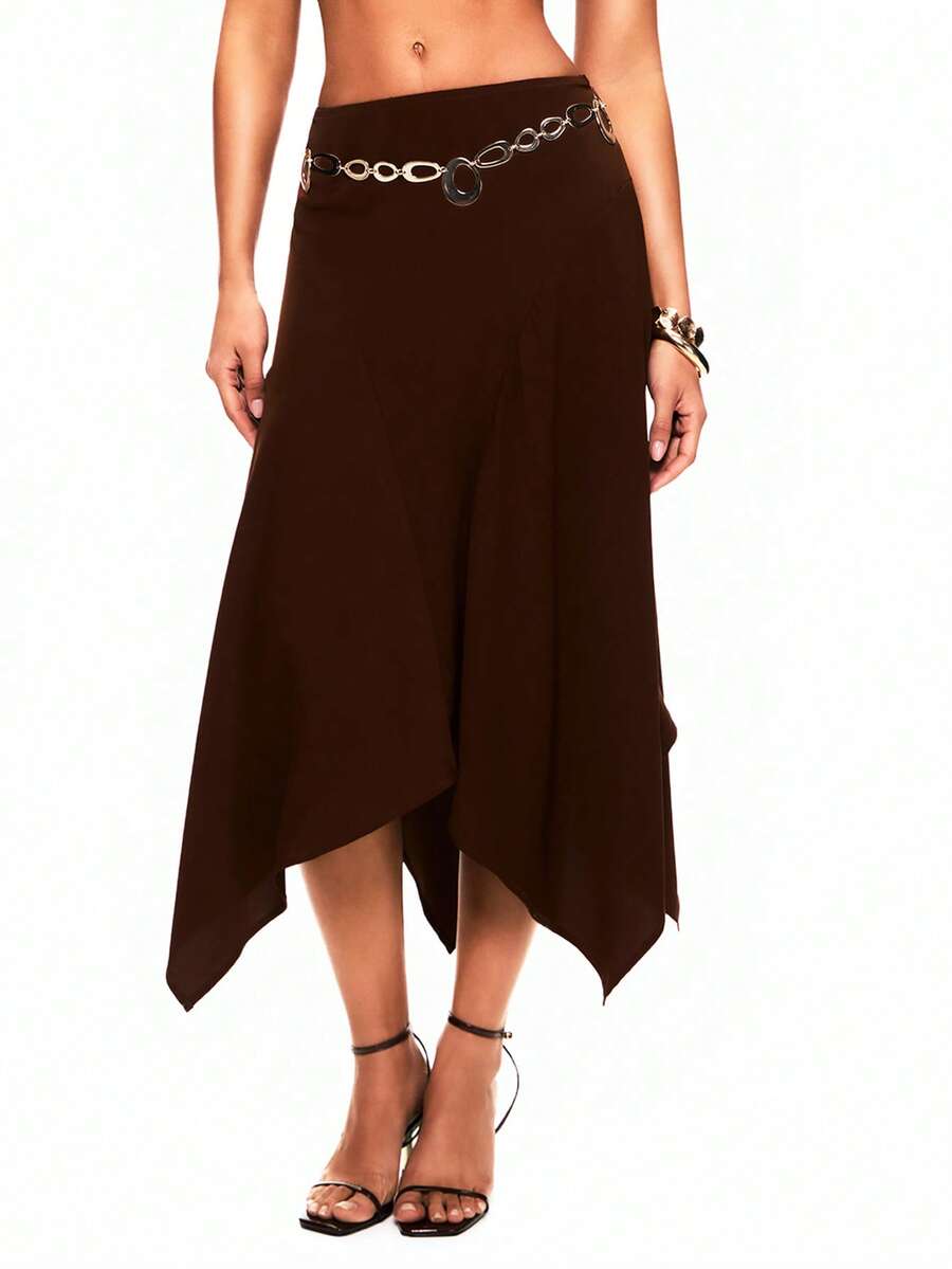 TypaGal 女士纯色不对称下摆休闲半身裙 - 棕色 - 查看 1