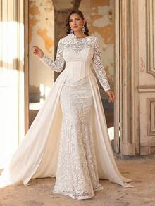Aureia Plus Size Elegant Luxurious Pearl Beaded Lace Patchwork Elastic Knit Mermaid Maxi Dress, Round Neck Long Sleeve Sheer 3D Floral Decor Trailing Dress, Suitable For Wedding, Party, Holiday, Bridal - White - View 8