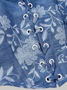 SHEIN MOD Blue And White Floral Print Frill Trim Wide Straps Top - Blue and White - View 4