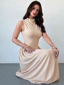 Firerie Women's Elegant Daily Commute Casual Travel Vacation Dress, Apricot Khaki Sleeveless Stand Collar Waist A-Line Slimming Graceful Dress, Beach Dress Outfit, Vacation Dress Outfit, Teacher Dress Outfit - Khaki - View 2