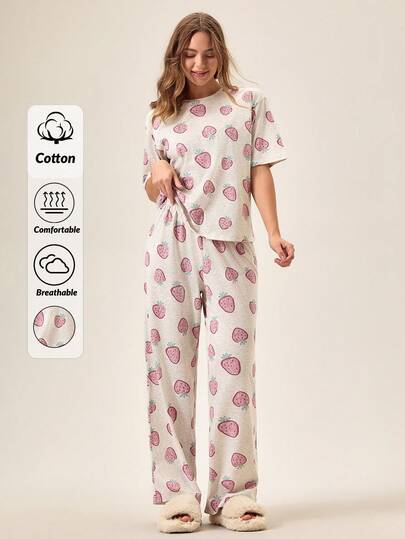 Loomlin Bomull Dam 2 st Jordgubbsmönster Rund Hals Med Kortärmad Tröja & Byxor Komfort Hemmakläder Pyjamas Set För Damer