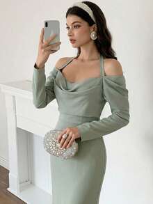 Modelyn Elegant Plunging Neck Dress For Women Sage Green Formal Dress Off Shoulder Formal Dress Draped Neck Formal Dress Elegant Long Sleeve Dress Wedding Guest Dresses Graduation Dresses - Gray green - View 1