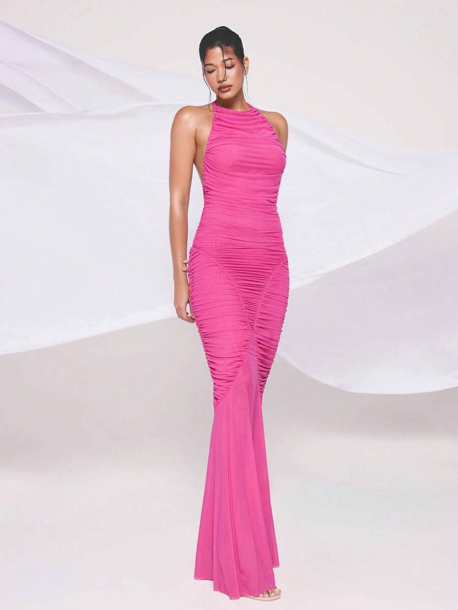 KIZN Vestido largo de cóctel con cuello halter fruncido, silueta ajustada y bajo de cola de sirena fluido para ocasiones formales y de cóctel - Rosa - Ver 1