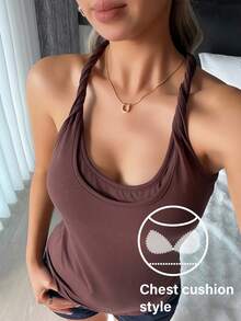 DAZY 1pc Women Minimalist Knit Camisole Top With Built-In Padding - Khaki - View 5