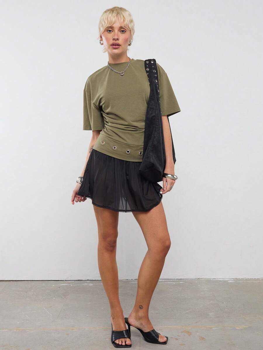 COUREZ Short Sleeve T-Shirt With Tie Hem Detail - Army Green - View 1