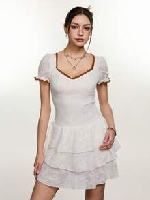 Rina Fox 2026 Women's Sweetheart Neck Short Petal Sleeve Ruffle Hem Lace Waist Fit Dress - White - View 5