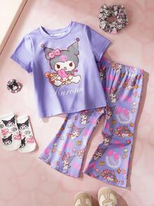 HELLO KITTY AND FRIENDS | SHEIN 女婴卡通印花圆领短袖T恤和喇叭裤休闲套装 - 淡紫色 - 查看 1