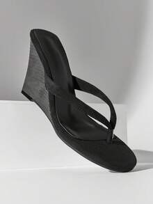 SHUZIA Sandal đế xuồng quai ngang tối giản bằng da lộn giả dành cho nữ - màu đen - Xem 5