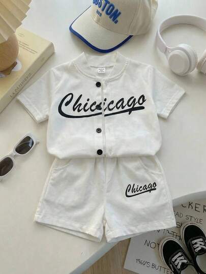 SHEIN Playful Pals 3pcs/Set Summer Boys' Fashionable English Print Outfit - Short Sleeve Shirt + Short Sleeve T-Shirt + Shorts Casual Set, Baby Boys Casual Suit Toddler Suit Set Baby Casual Sets Baby Boy Outfit Baby Clothes Set Summer Baby Chicago Outfit Baby Baseball Outfit Shorts Sets