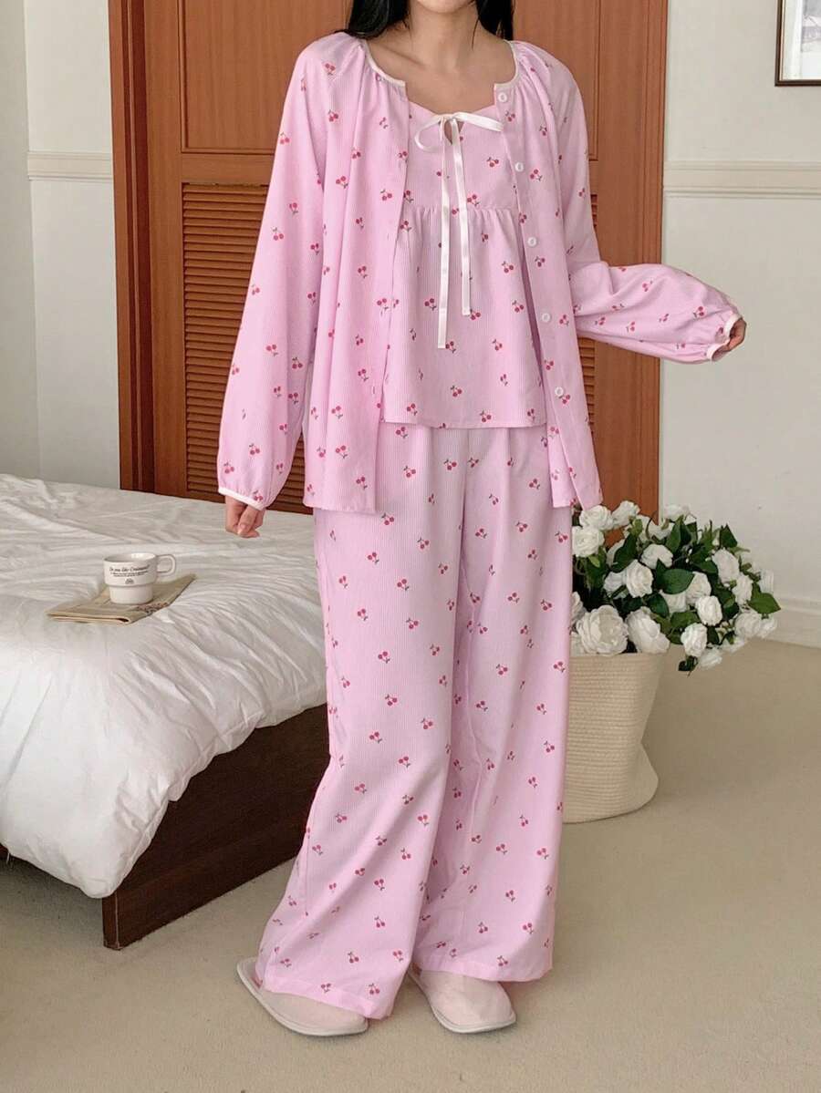DAZY 3pcs/Set Sweet Cherry Striped Print Cardigan Top, Camisole And Pants Women Pajama Set - Pink - View 1
