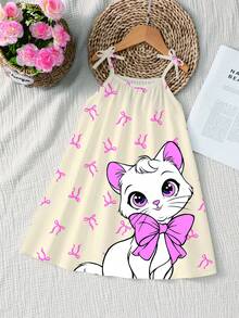1pc Toddlder Girl Cat Meow Bow Print A-Line Cami Dress - Multicolor - View 1