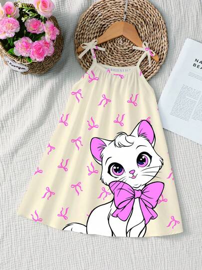 1pc Toddlder Girl Cat Meow Bow Print A-Line Cami Dress