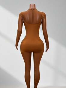 BamGleam Mock Neck Long Sleeve Splicing Hollow Out Jumpsuit, Sexy & Slim Fit - Brown - View 2