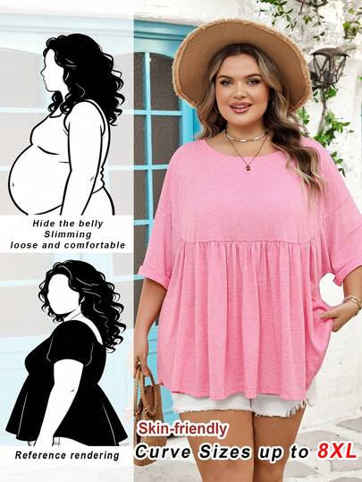 SHEIN CURVE+ Plus Size Women's Ultra Loose Elastic Women's Doll Shirt T-Shirt