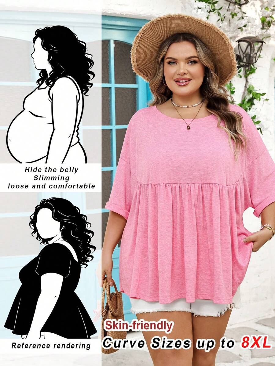 SHEIN CURVE+ Curve 尺码 US22 音乐节、海滨度假、波西米亚风女士超宽松弹力娃娃衫 T 恤