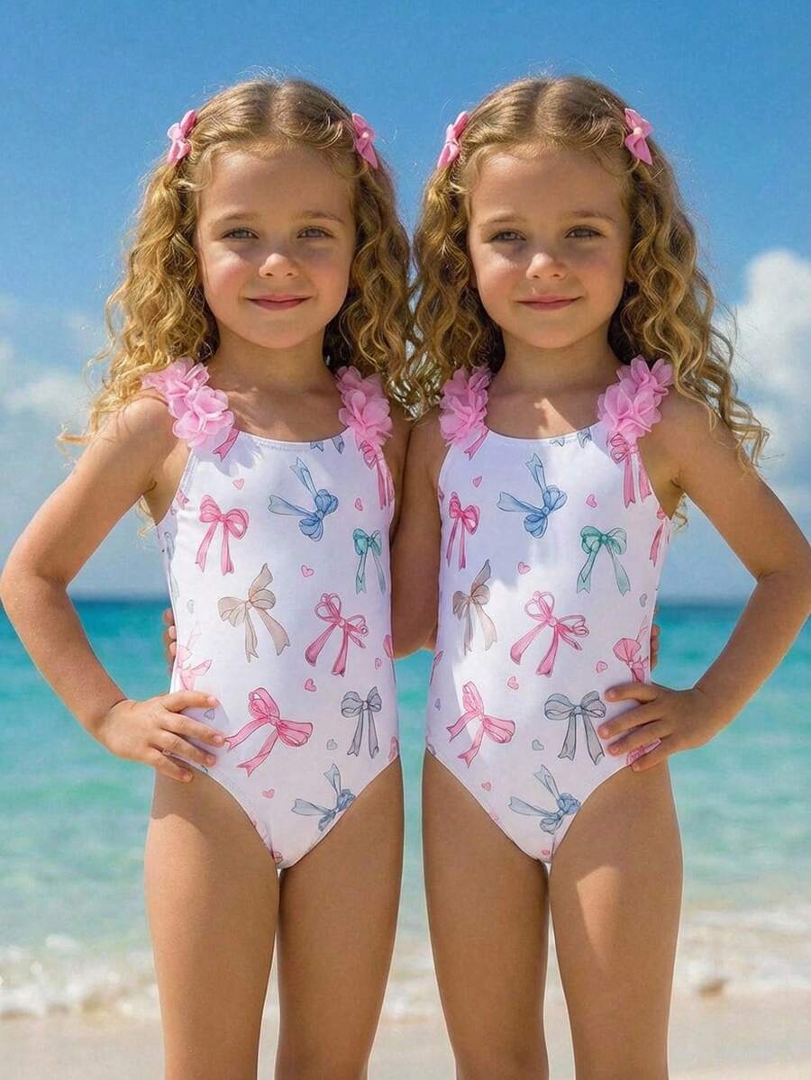 Emery Rose Kids Emery Rose Kids 女童条纹蝴蝶结花卉连体泳衣 - 白色 - 查看 1