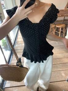 DAZY Women's Ruffled Polka Dot Korean Style Summer T-Shirt - Black - View 6