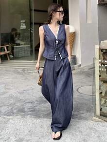 DAZY Bộ đồ hai mảnh dành cho nữ, gồm áo vest ren chắp vá kiểu Pháp cổ điển và quần jeans ống rộng. - Màu xanh lam - Xem 2