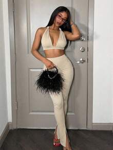 Slaydiva New Spring, Spring And Summer Music Festival, Valentine's Day, Easter Casual, Simple And Basic Style, Y2K Street Sweet, Hot , Cruise Vacation, Daily Date, Hot Girl Style, Sexy Party, Halter, Deep V-Neck, Large Backless Cut Short Vest + Tight Pants, Slit At The Hem, Light Khaki Suit, Women's Two Pieces Set -A - Khaki - View 4