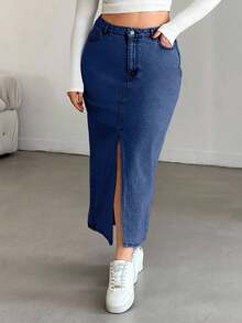 EURMUSE Plus High Waist Front Slit Denim Skirt - Medium Wash - View 4
