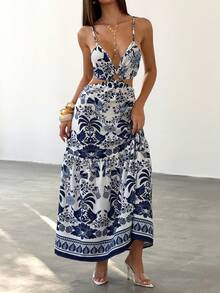 Bluhae Women's White And Blue Floral Summer Boho Beach Vacation Holiday Dress,Hollow Waist Design A-Line French Street Style Retro Sleeveless Maxi Dress - Multicolor - View 1