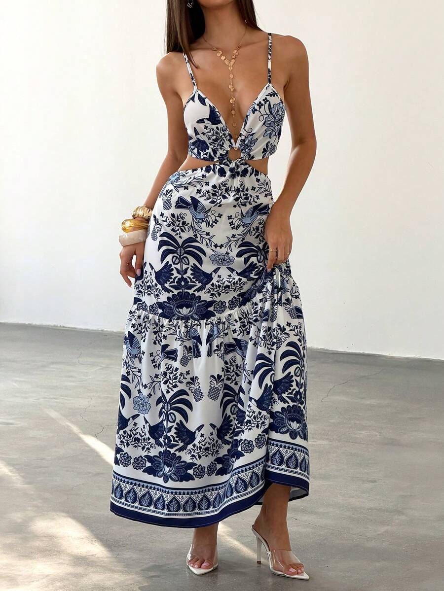 Bluhae Women's White And Blue Floral Summer Boho Beach Vacation Holiday Dress,Hollow Waist Design A-Line French Street Style Retro Sleeveless Maxi Dress - Multicolor - View 1