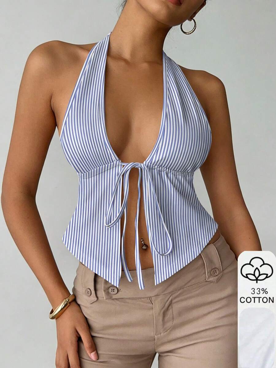 EMERY ROSE Women's Striped Pattern Halter Neck Camisole Top, Summer - Multicolor - View 1