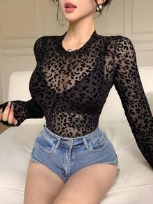 Joudiya 豹纹黑色蕾丝衬衫，优雅适合情人节、婚礼、派对、正式场合，时尚修身透视网纱V领长袖上衣，春夏Y2K风格 - 黑色 - 查看 5