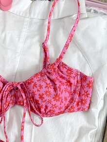 SHEIN Swim Mod Summer Floral Print Bikini Swimsuit Set,Bow Tie Swimsuit Two-Piece Set,Women's Beachwear - Pink - View 4