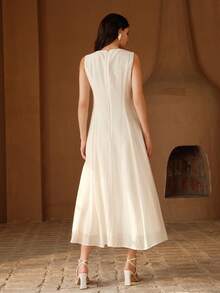 Anewsta Minimalist Fashionable Versatile Solid Color Jacquard Textured French Style Waist-Cinching Slimming Long Dress - Apricot - View 2