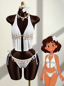 Zestiva Women's 2Pieces White Summer Boho Beach Holiday Bikini Set,Solid Color Textured Fabric Starfish & Shell Decor Halter Backless Swimwear Bathing Suit - White - View 1