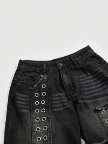 ROMWE Grunge Punk Quần jeans ống rộng dáng suông phong cách Punk Metal đính đinh tán và thêu hình chữ thập. - Xám - Xem 5